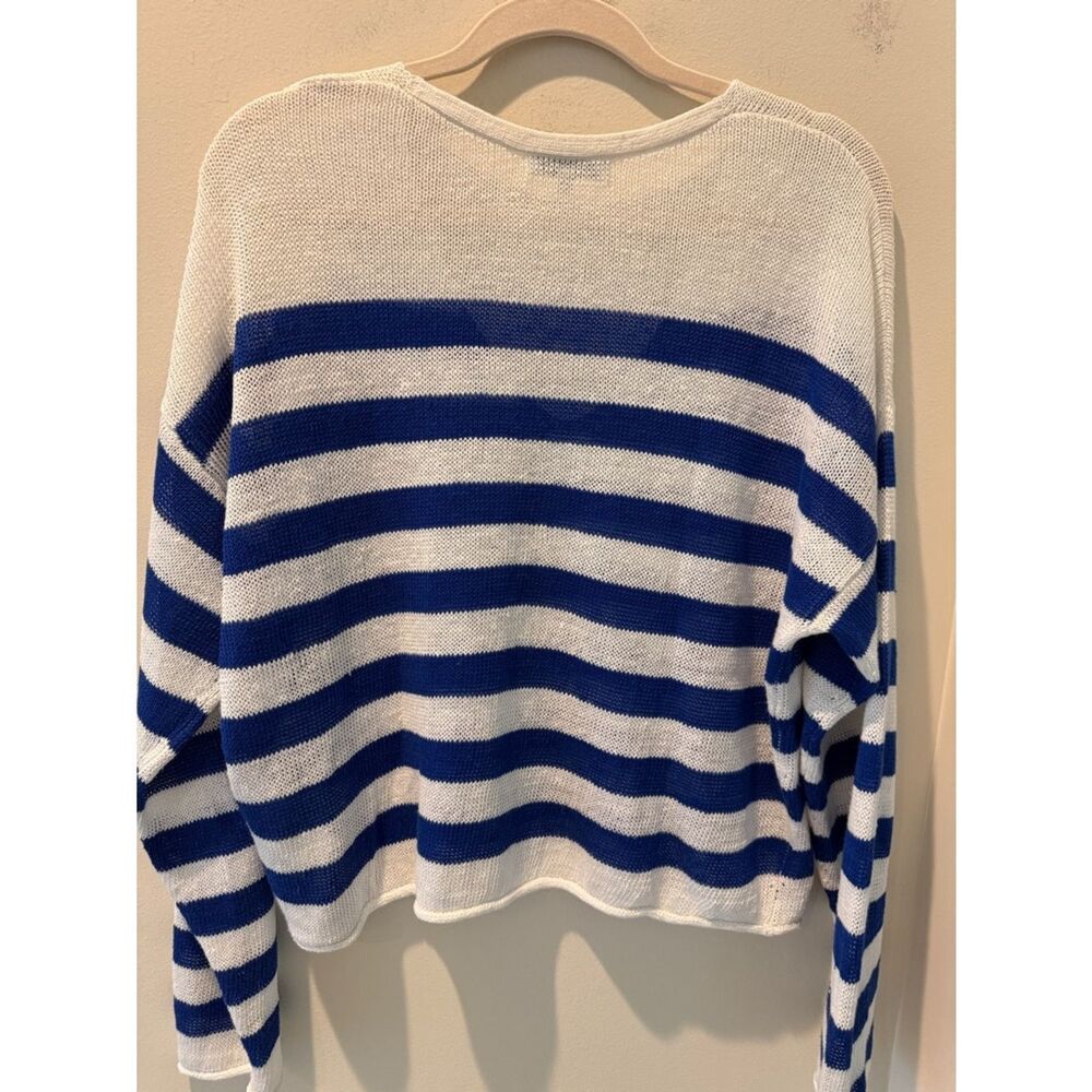 Madewell Blue and White Striped V-Neck Linen Sweater rolled hemlines size Small - Picture 7 of 13